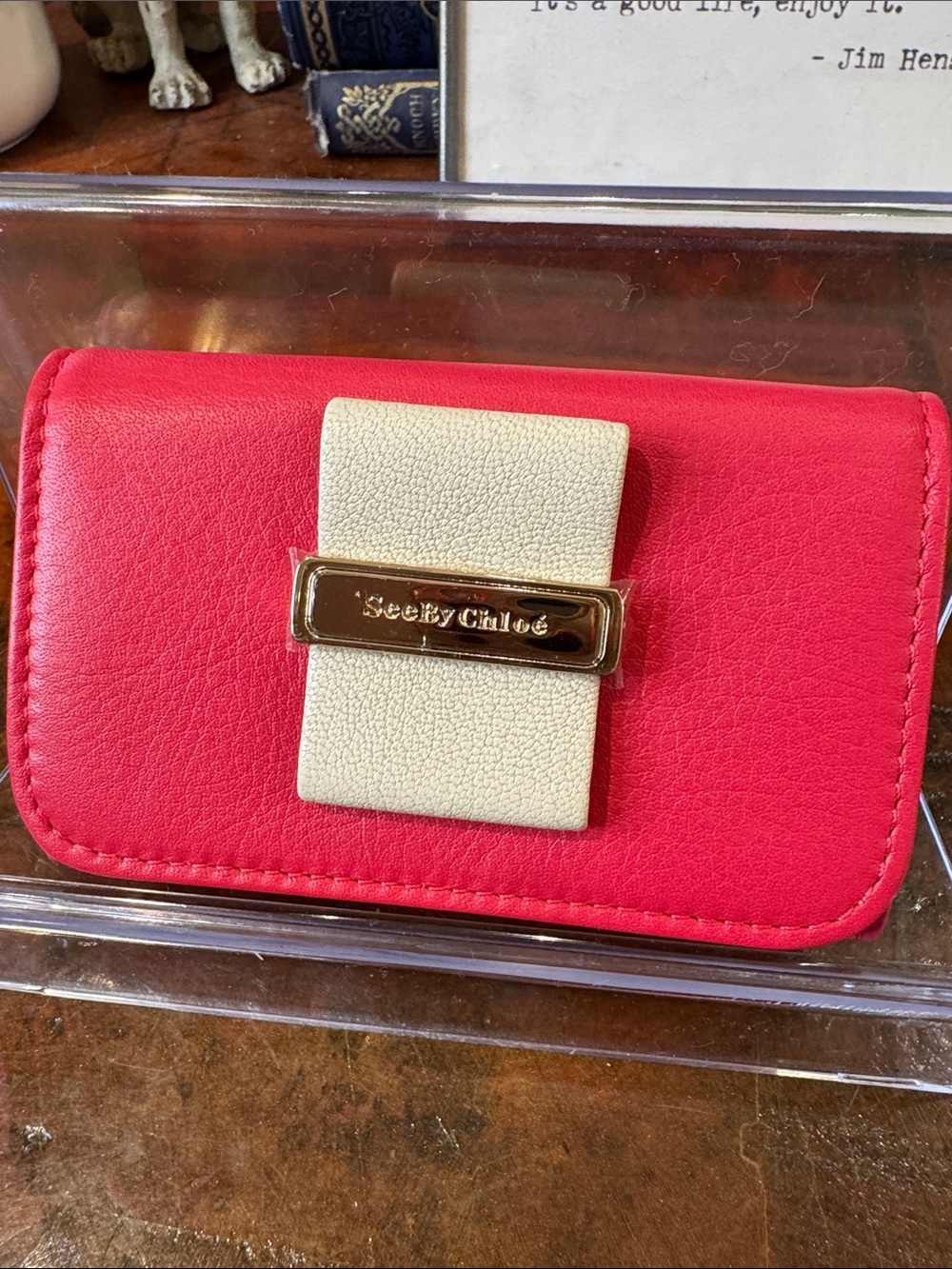 See By Chloé Red and Cream Key Holder with Gold Accent
